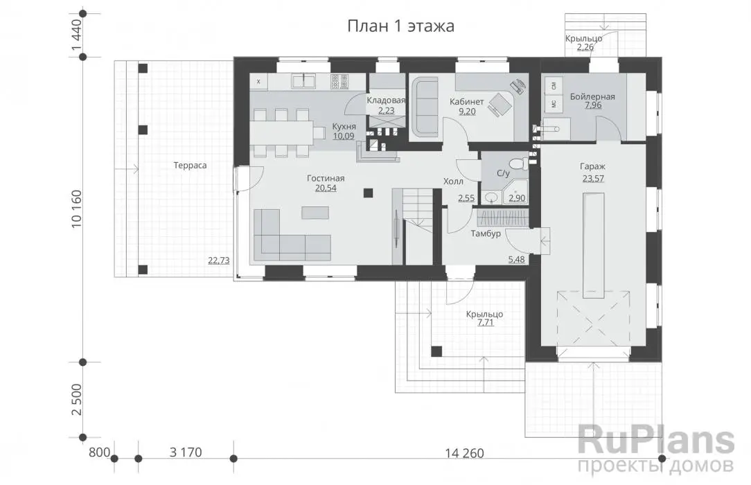 Проект двухэтажного дома 151 м², 10,2 × 17,4 м — Первый этаж