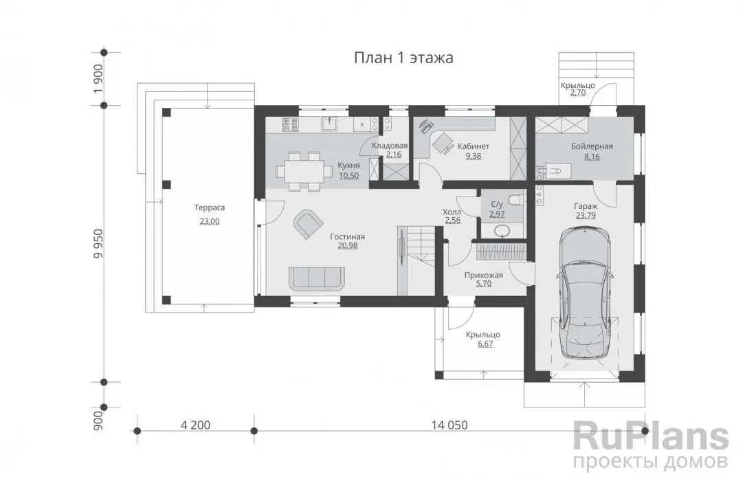 Проект двухэтажного дома 151 м², 18,2 × 9,9 м — Первый этаж