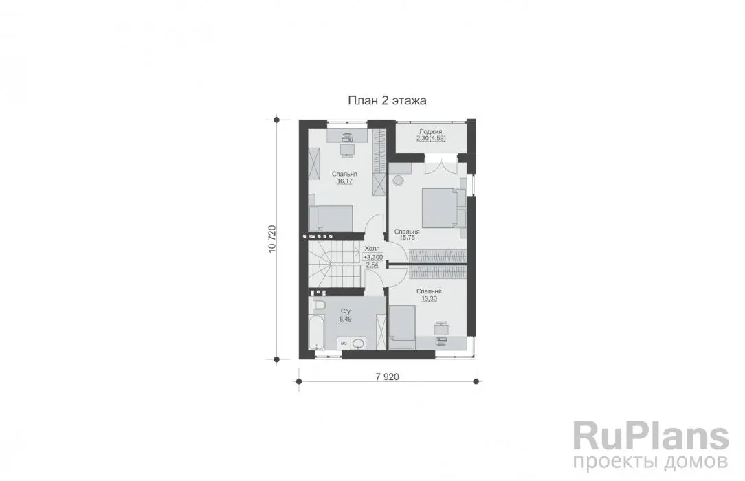 Проект двухэтажного дома 153 м², 12 × 12,5 м — Второй этаж