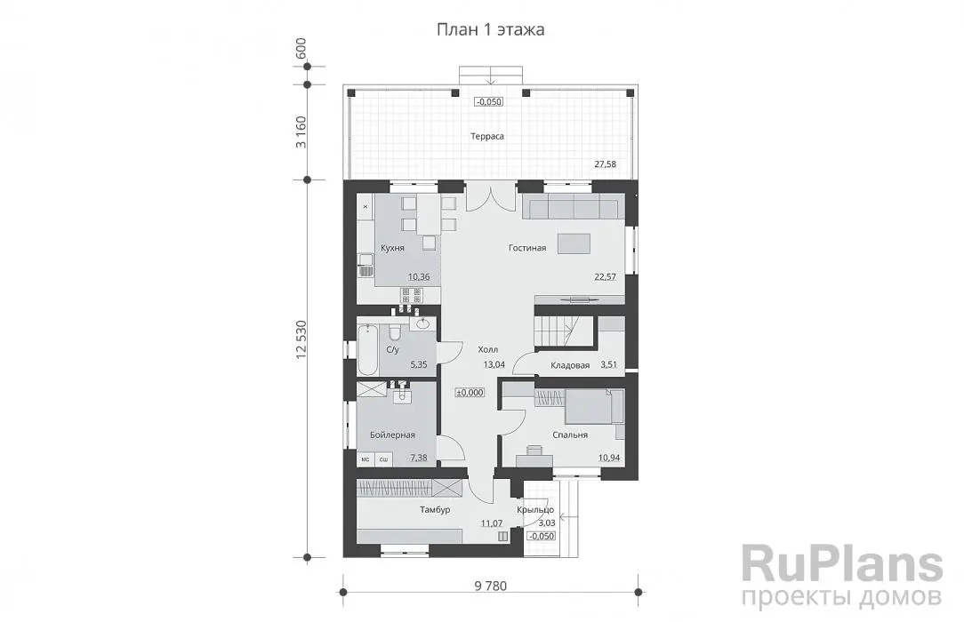 Проект двухэтажного дома 154 м², 15,7 × 9,8 м — Первый этаж