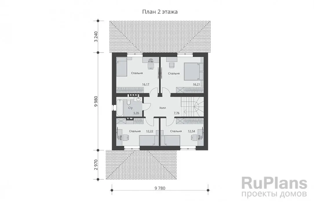 Проект двухэтажного дома 154 м², 15,7 × 9,8 м — Второй этаж