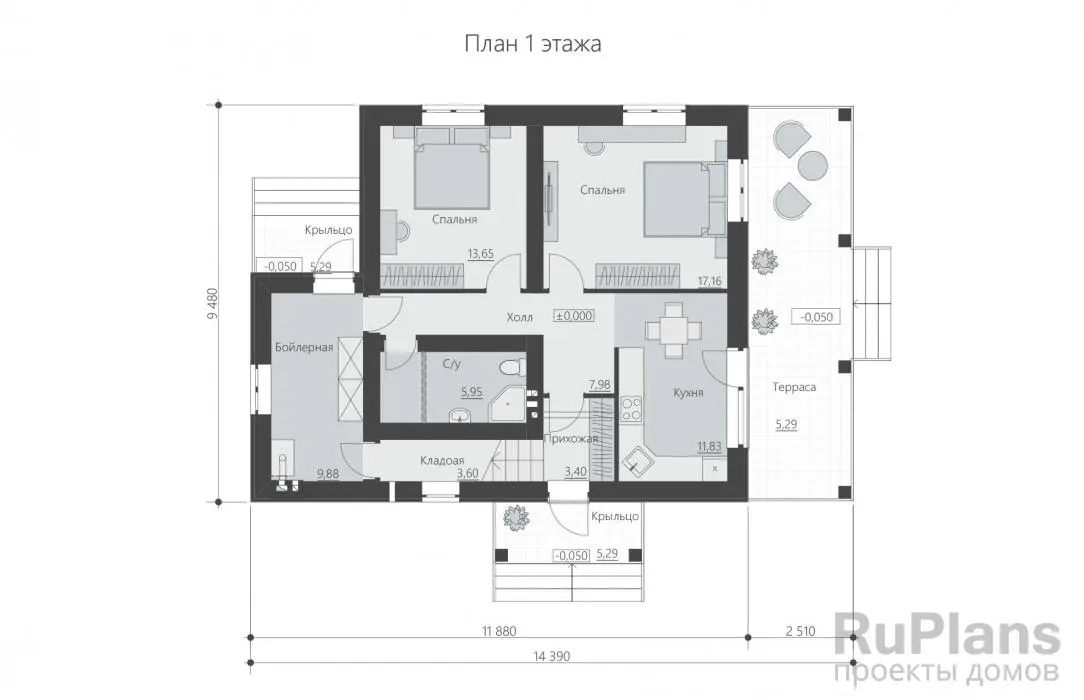 Проект двухэтажного дома 154 м², 14,4 × 9,5 м — Первый этаж