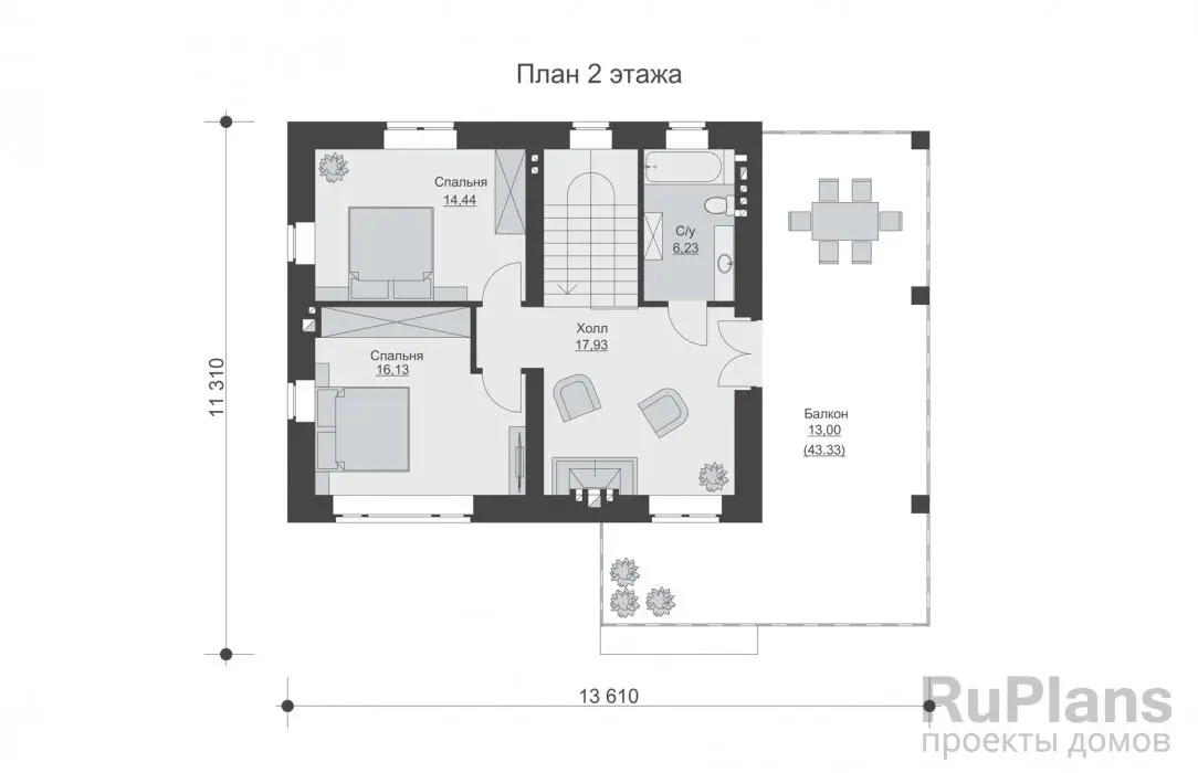 Проект двухэтажного дома 155 м², 11,3 × 13,8 м — Второй этаж
