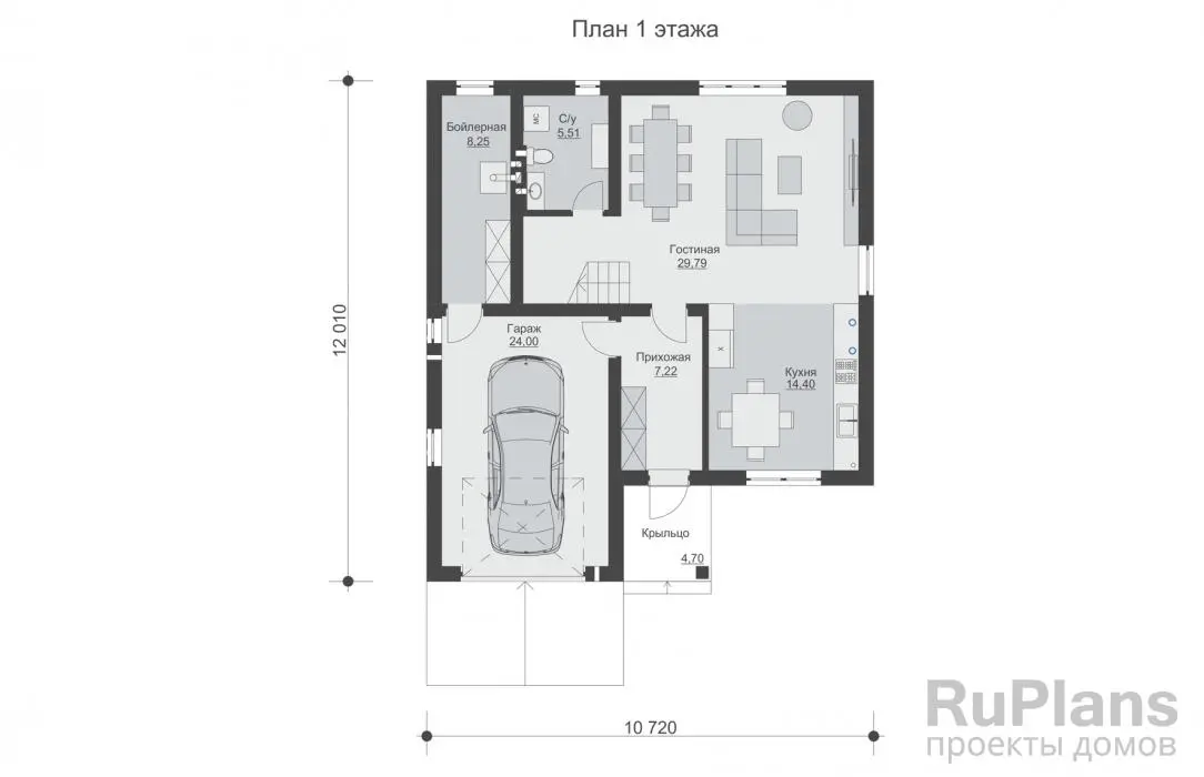 Проект двухэтажного дома 155 м², 12 × 10,7 м — Первый этаж