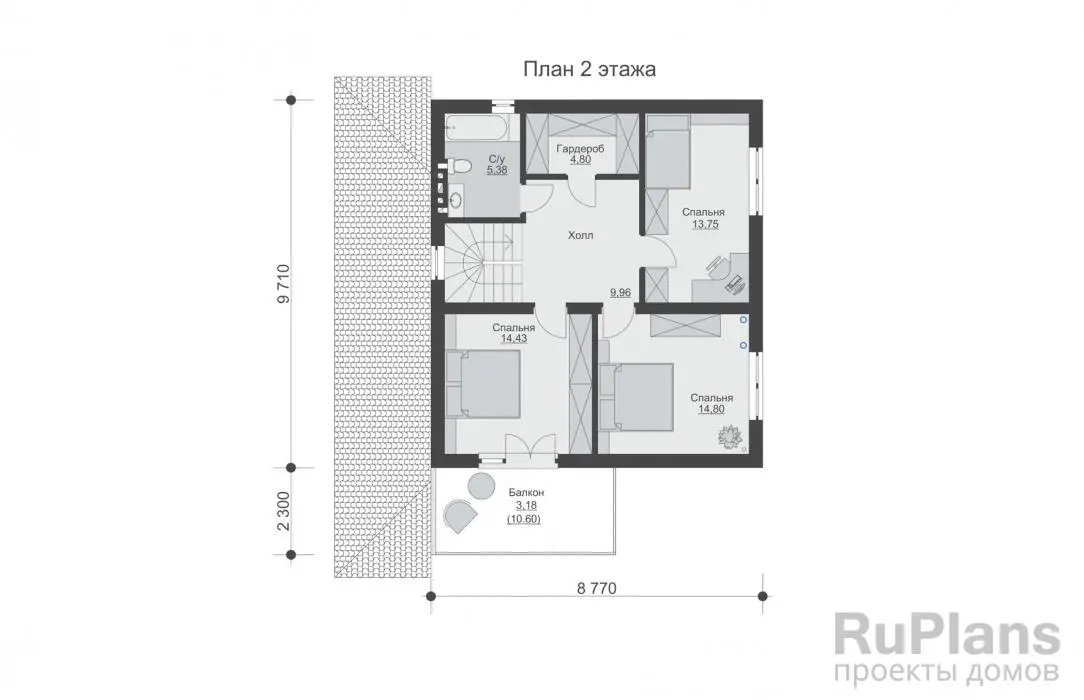 Проект двухэтажного дома 155 м², 12 × 10,7 м — Второй этаж