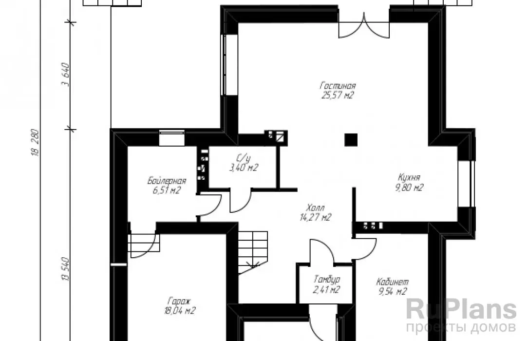Проект двухэтажного дома 157 м², 18,3 × 12,1 м — Первый этаж