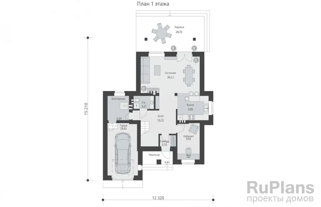 Проект двухэтажного дома 157 м², 15,2 × 12,3 м — Первый этаж
