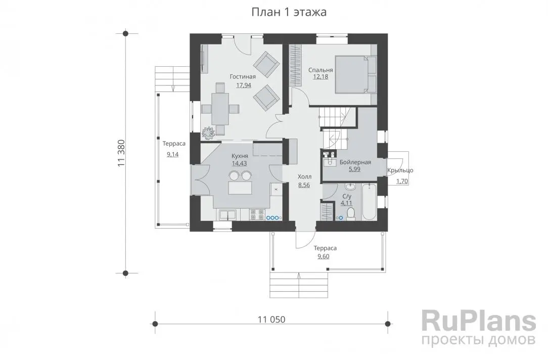 Проект двухэтажного дома 157 м², 11,4 × 10,1 м — Первый этаж