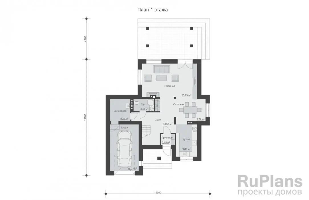 Проект двухэтажного дома 158 м², 18,5 × 12,3 м — Первый этаж