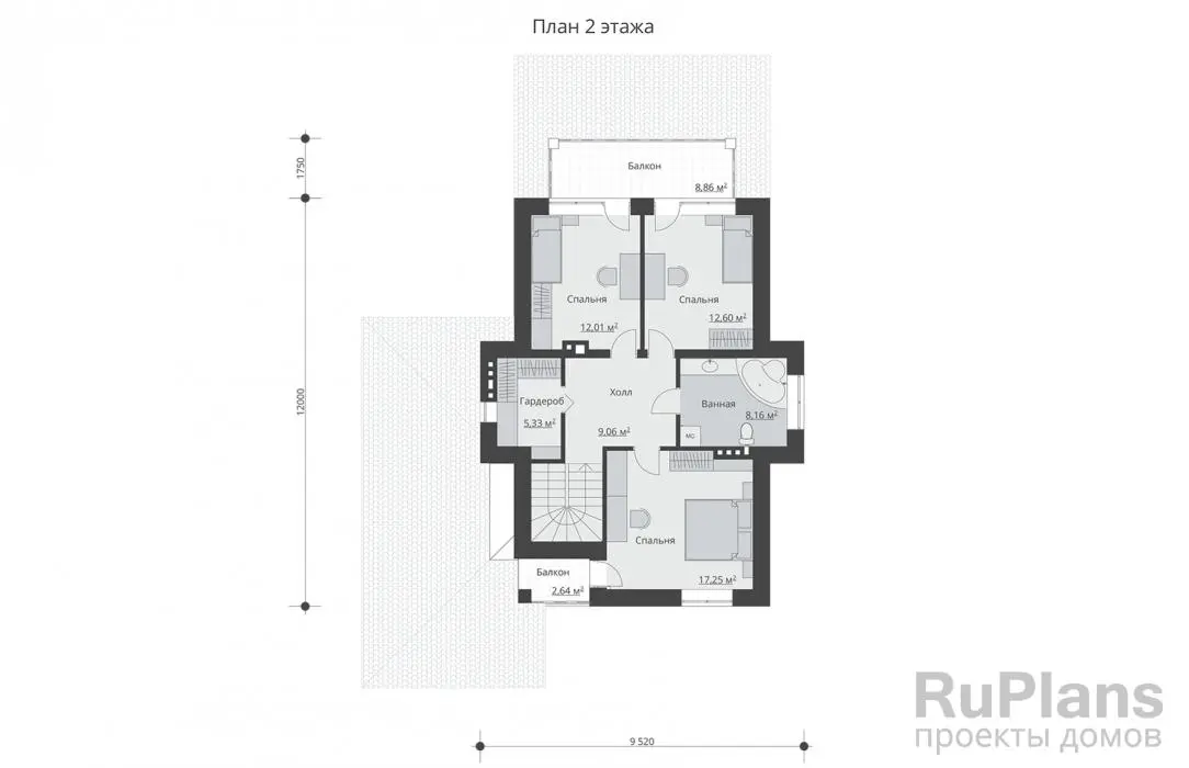 Проект двухэтажного дома 158 м², 18,5 × 12,3 м — Второй этаж