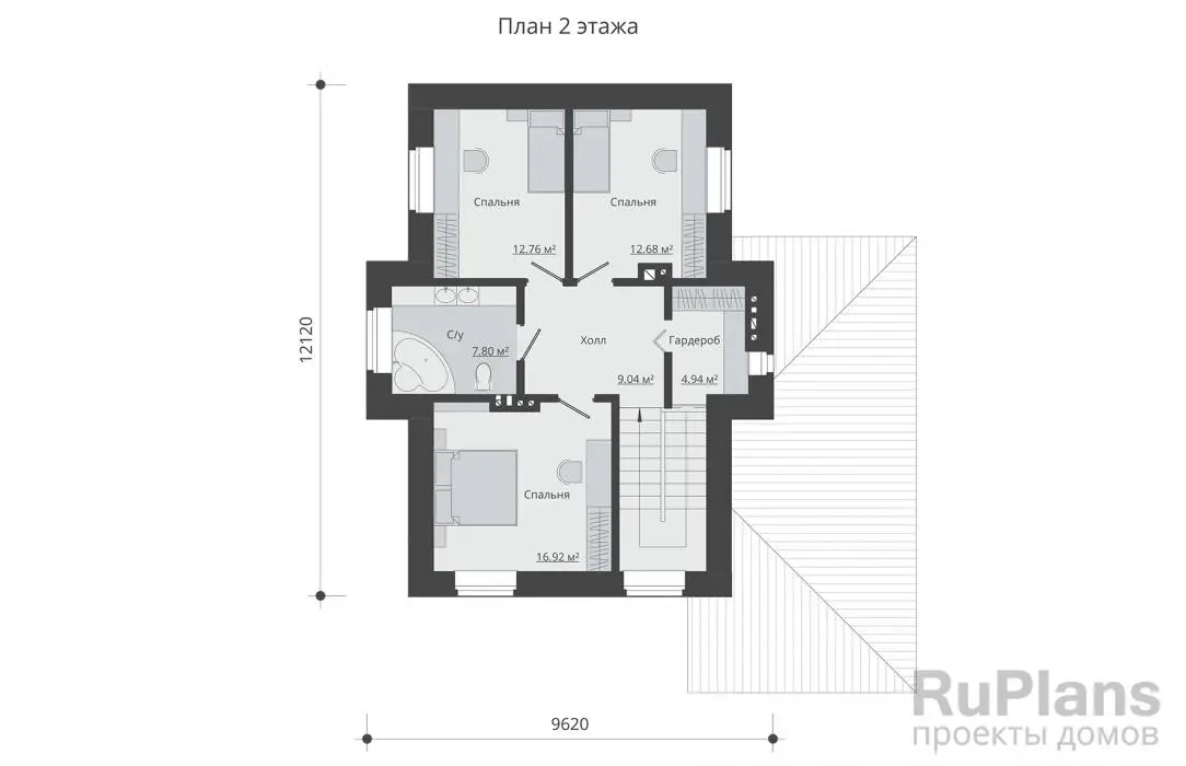Проект двухэтажного дома 158 м², 12,4 × 13,8 м — Второй этаж