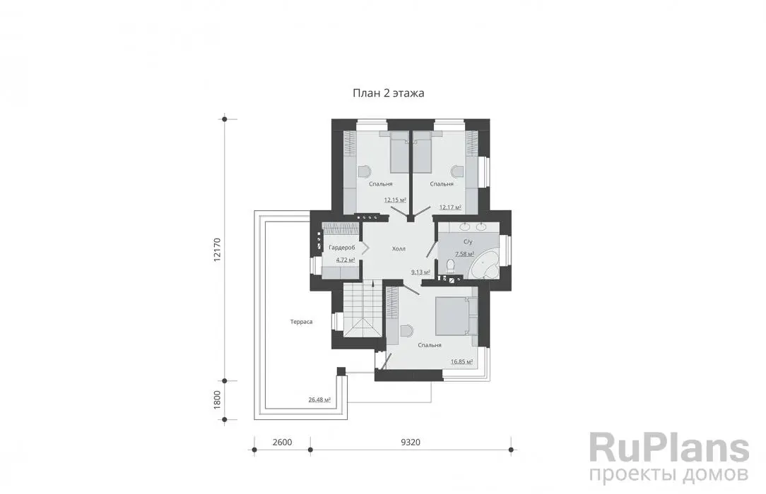 Проект двухэтажного дома 158 м², 11,9 × 13 м — Второй этаж
