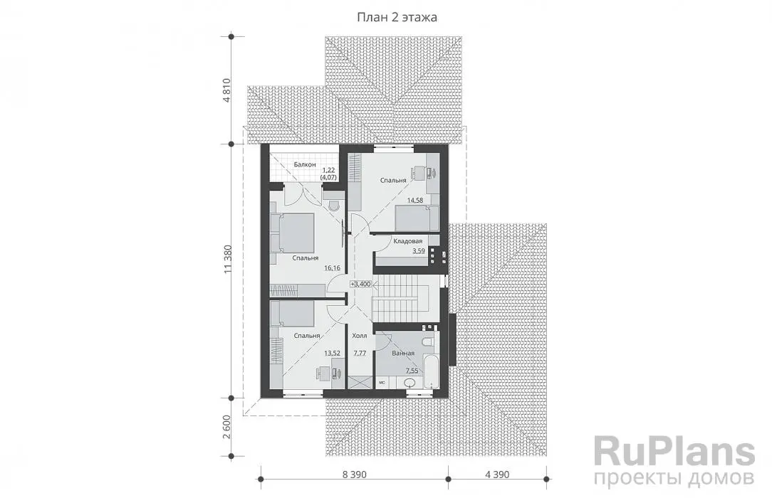 Проект двухэтажного дома 158 м², 17,7 × 12,2 м — Второй этаж