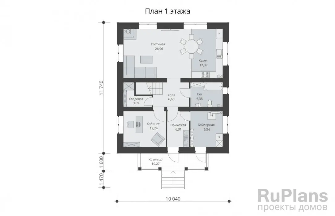 Проект двухэтажного дома 163 м², 10 × 11,7 м — Первый этаж