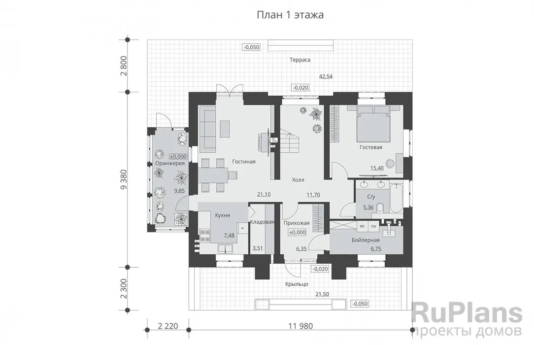 Проект двухэтажного дома 167 м², 9,4 × 11 м — Первый этаж