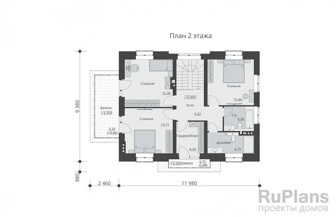 Проект двухэтажного дома 167 м², 9,4 × 11 м — Второй этаж