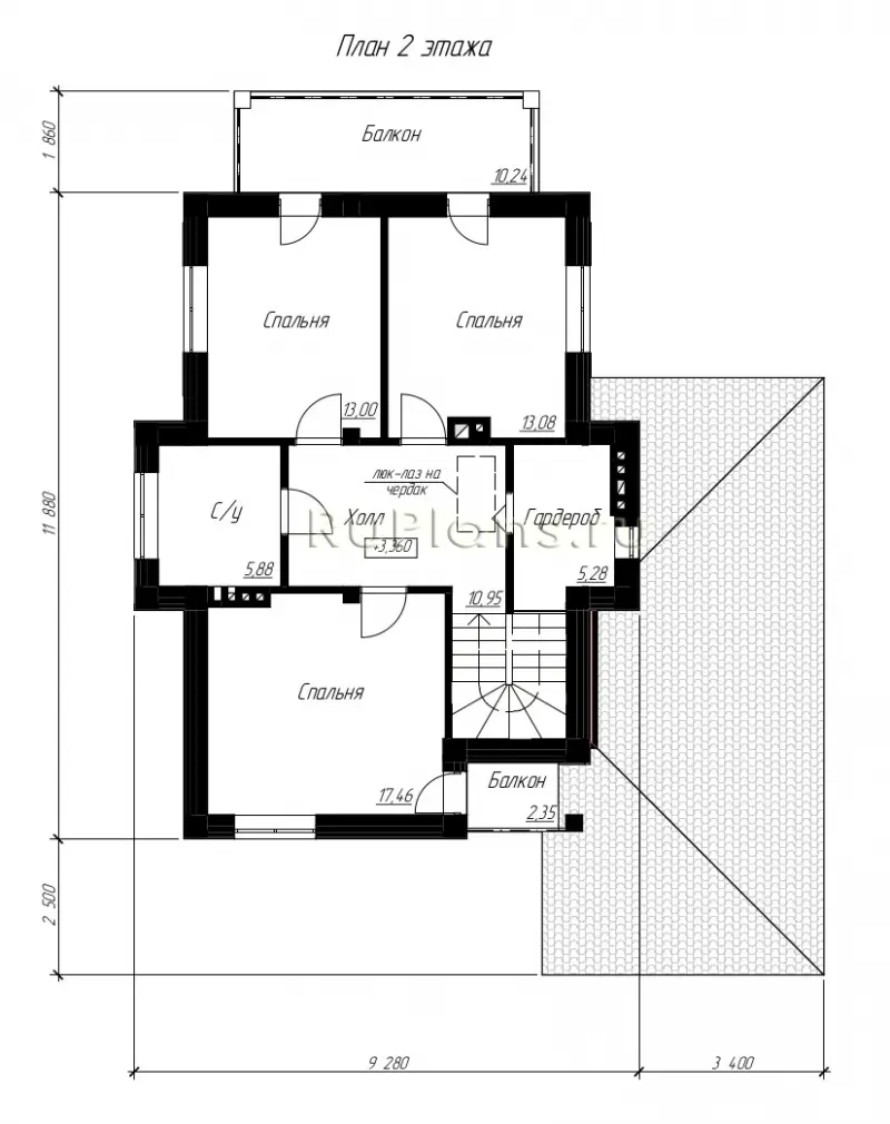 Проект двухэтажного дома 167 м², 13,6 × 11,9 м — Второй этаж