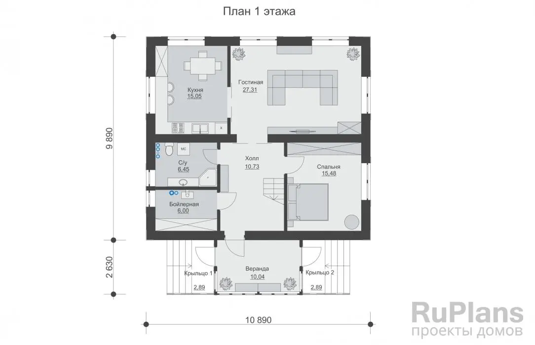 Проект двухэтажного дома 170 м², 12,5 × 10,9 м — Первый этаж