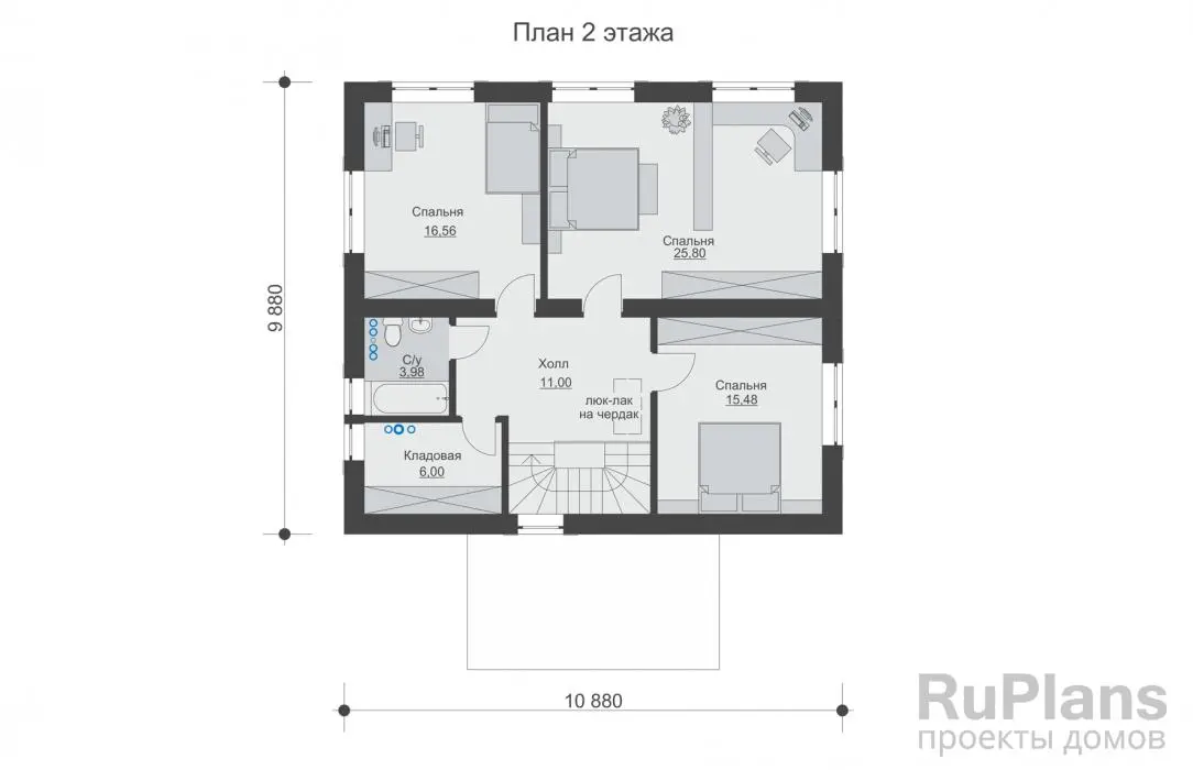 Проект двухэтажного дома 170 м², 12,5 × 10,9 м — Второй этаж