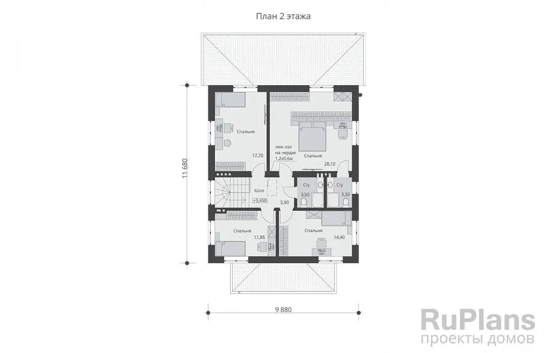 Проект двухэтажного дома 173 м², 16,2 × 9,9 м — Второй этаж