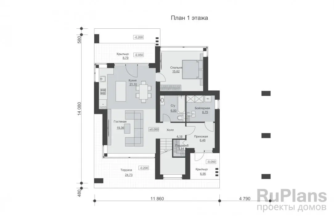 Проект двухэтажного дома 174 м², 14,1 × 16,6 м — Первый этаж