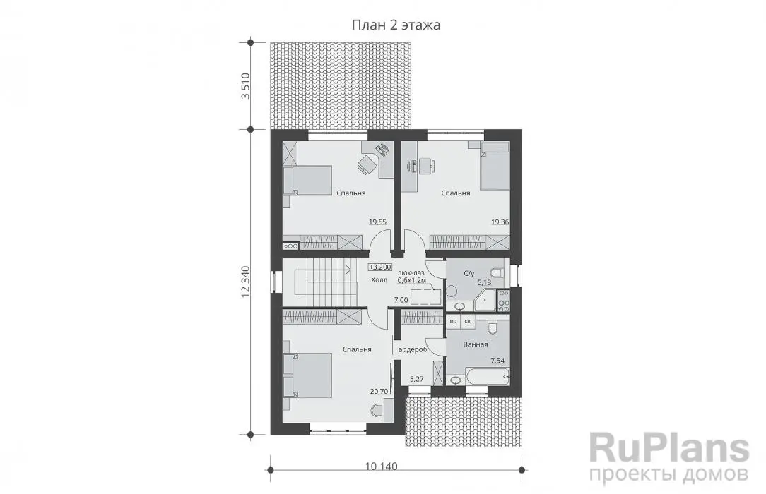 Проект двухэтажного дома 174 м², 15,5 × 10,1 м — Второй этаж