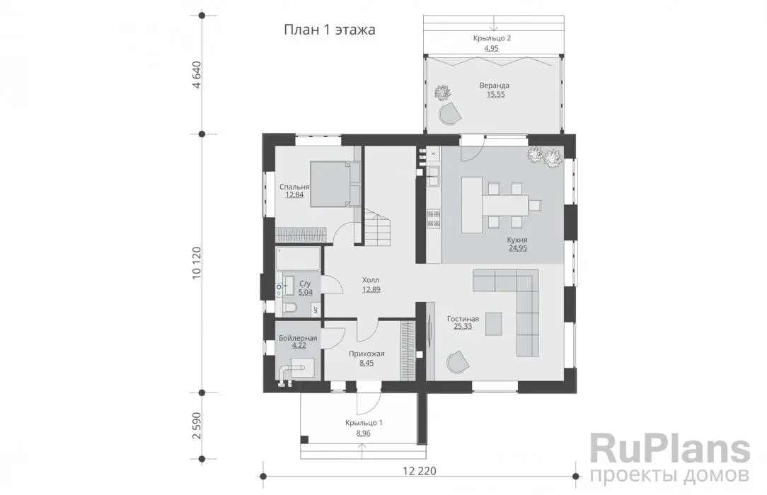 Проект двухэтажного дома 176 м², 10,1 × 12,2 м — Первый этаж