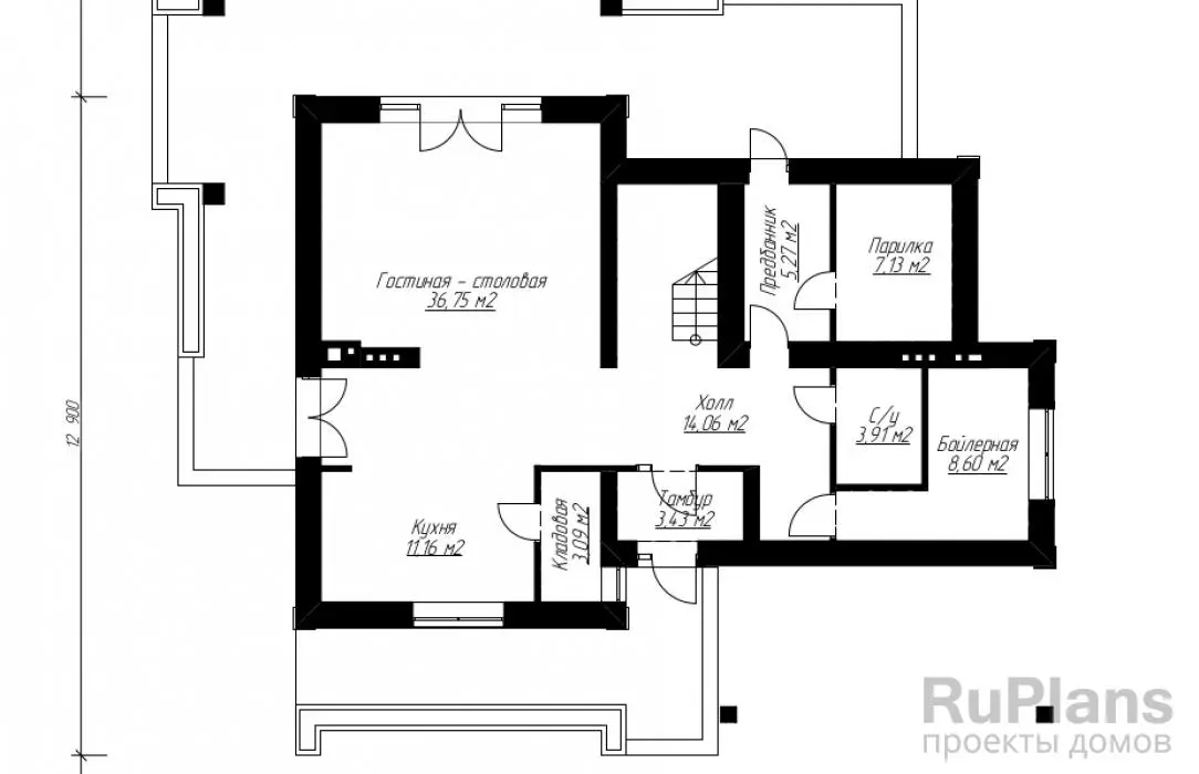 Проект двухэтажного дома 178 м², 12,9 × 14,9 м — Первый этаж