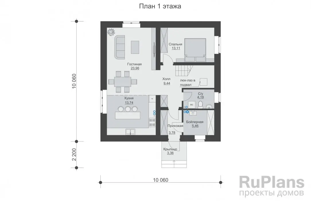Проект двухэтажного дома 178 м², 10,2 × 10,2 м — Первый этаж