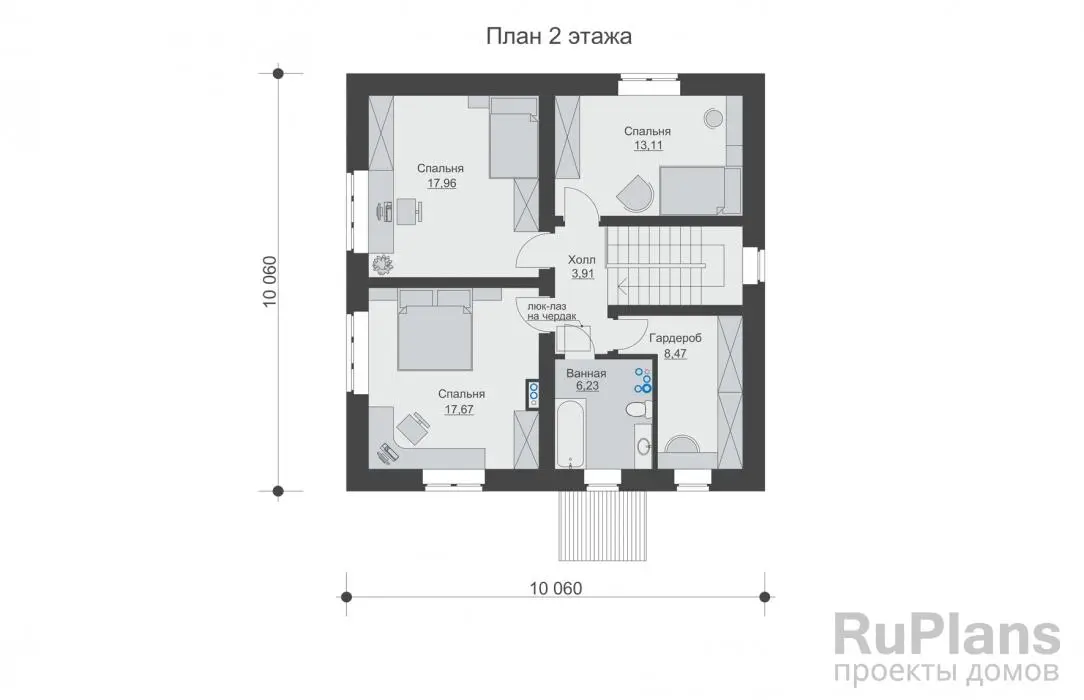 Проект двухэтажного дома 178 м², 10,2 × 10,2 м — Второй этаж