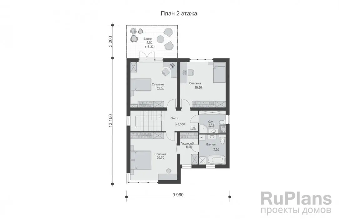 Проект двухэтажного дома 180 м², 15,4 × 9 м — Второй этаж