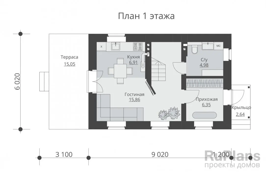 Проект двухэтажного дома 68 м², 6 × 13,3 м — Первый этаж