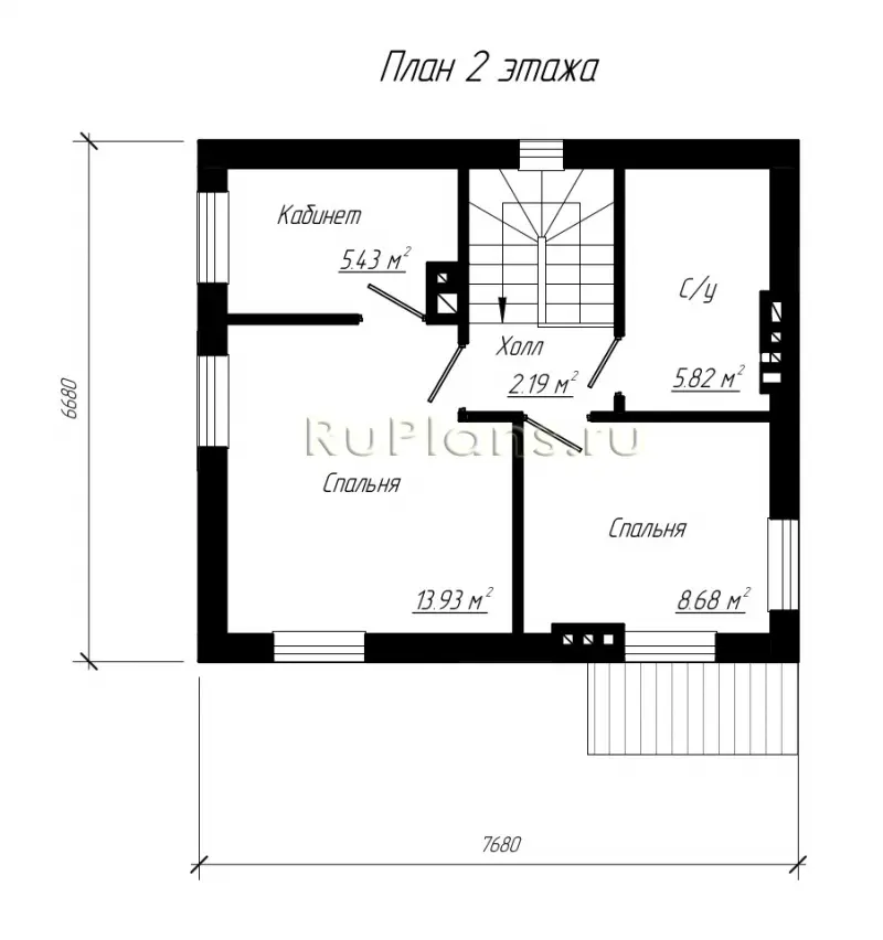 Проект двухэтажного дома 73 м², 7,7 × 6,7 м — Второй этаж