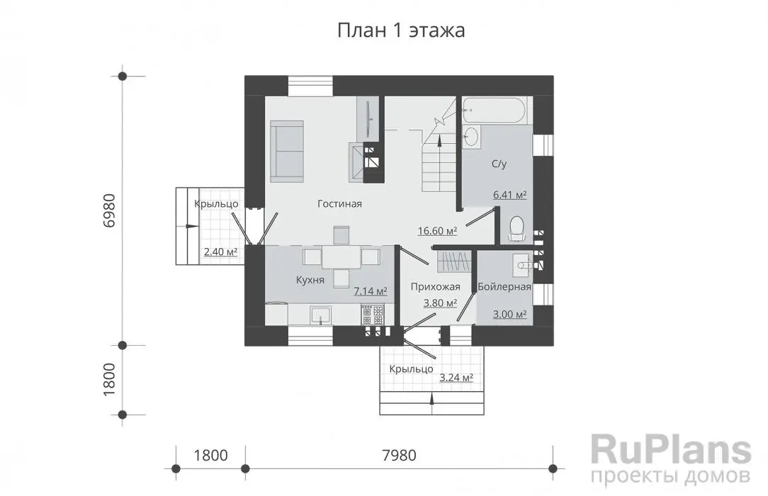 Проект двухэтажного дома 73 м², 7 × 6 м — Первый этаж