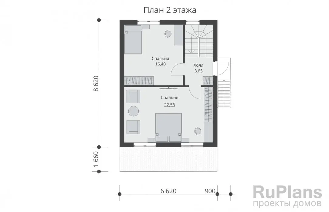 Проект двухэтажного дома 88 м², 8,6 × 6,6 м — Второй этаж