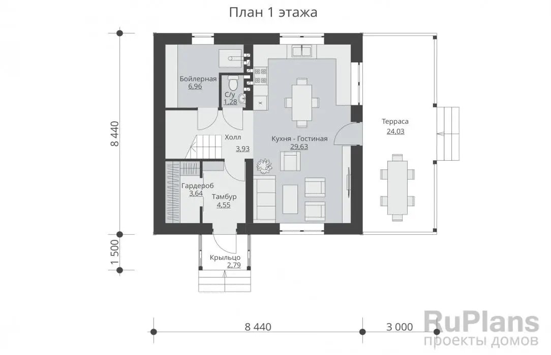 Проект двухэтажного дома 99 м², 9,9 × 11,4 м — Первый этаж