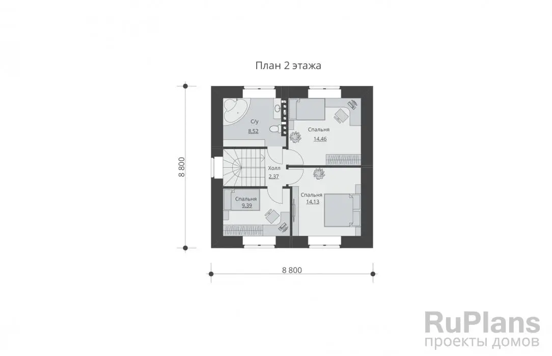 Проект двухэтажного дома 99 м², 8,8 × 10,3 м — Второй этаж