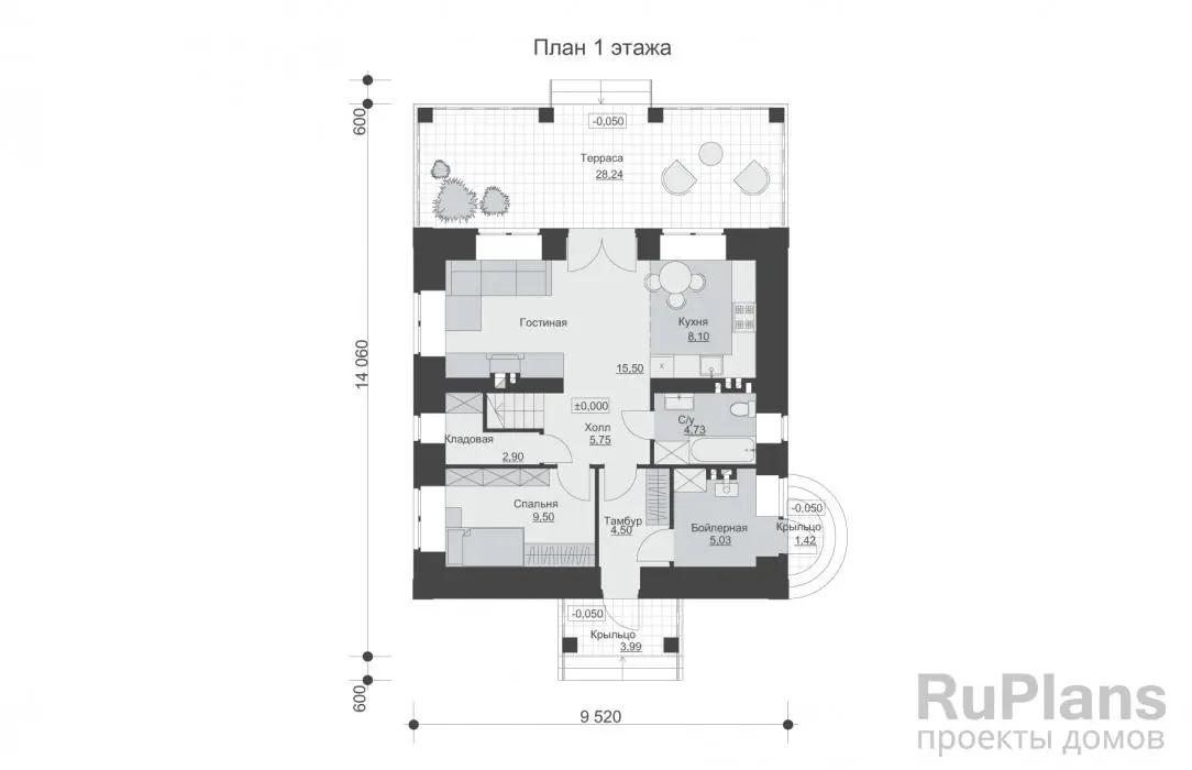 Проект двухэтажного дома с мансардой 132 м², 14,1 × 9,5 м — Первый этаж