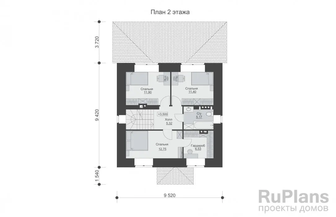 Проект двухэтажного дома с мансардой 132 м², 14,1 × 9,5 м — Второй этаж