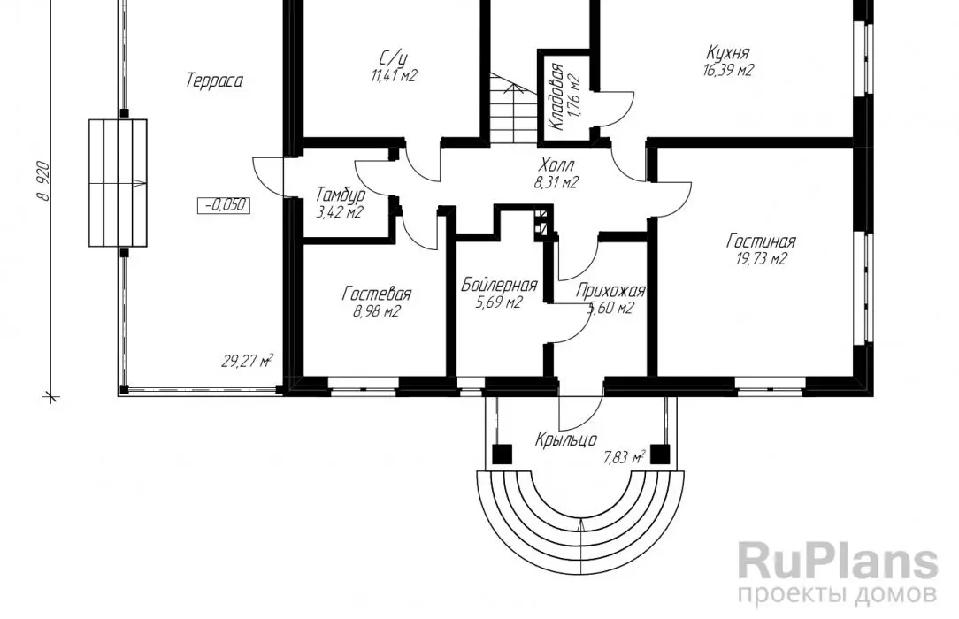 Проект двухэтажного дома с мансардой 165 м², 9 × 16 м — Первый этаж