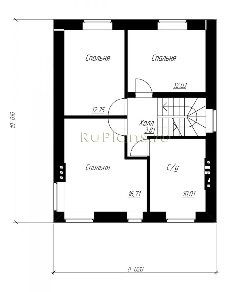 Проект двухэтажного дома с мансардой 168 м², 8,1 × 10,1 м — Второй этаж
