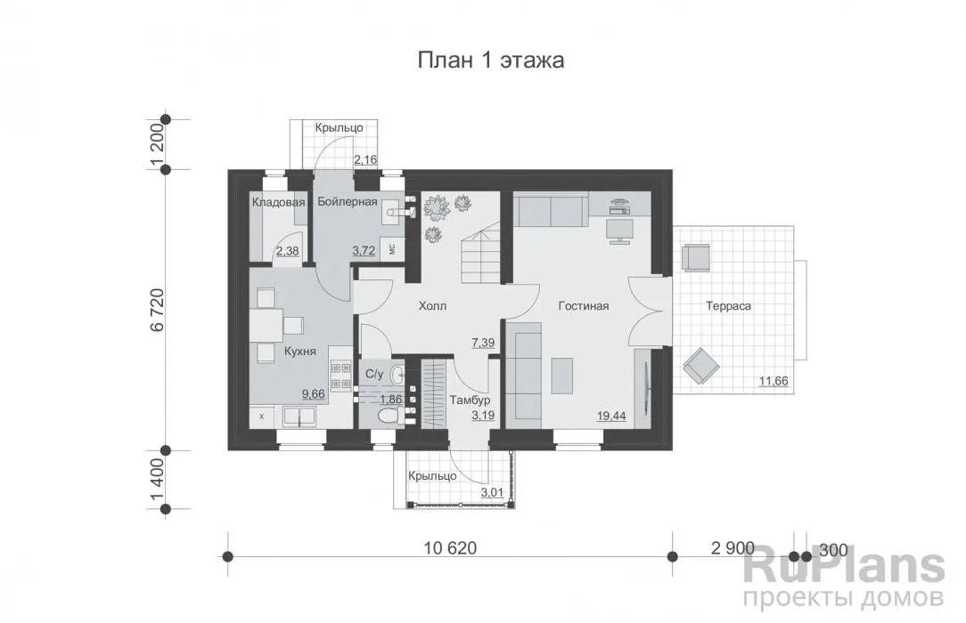 Проект двухэтажного дома с мансардой 89 м², 9,3 × 13,8 м — Первый этаж