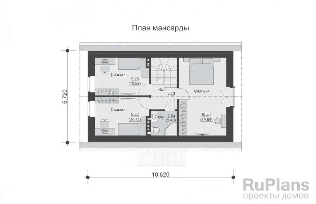 Проект двухэтажного дома с мансардой 89 м², 9,3 × 13,8 м — Мансарда