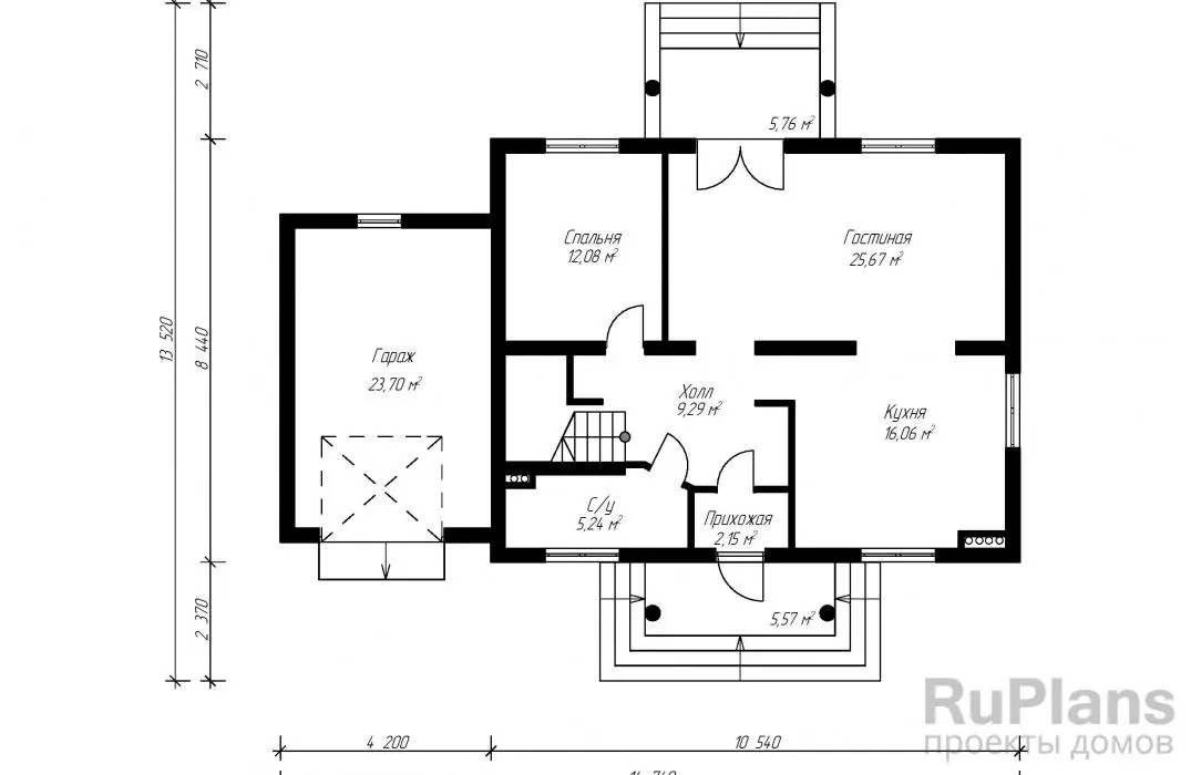 Проект гаража 168 м², 13,5 × 14,7 м — Первый этаж