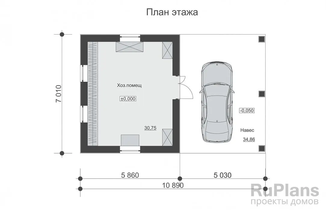 Проект гаража 31 м², 7 × 10,9 м — Первый этаж