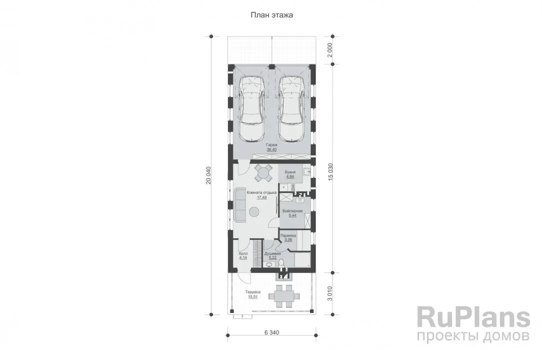Проект гаража 76 м², 17,3 × 5,6 м — Первый этаж
