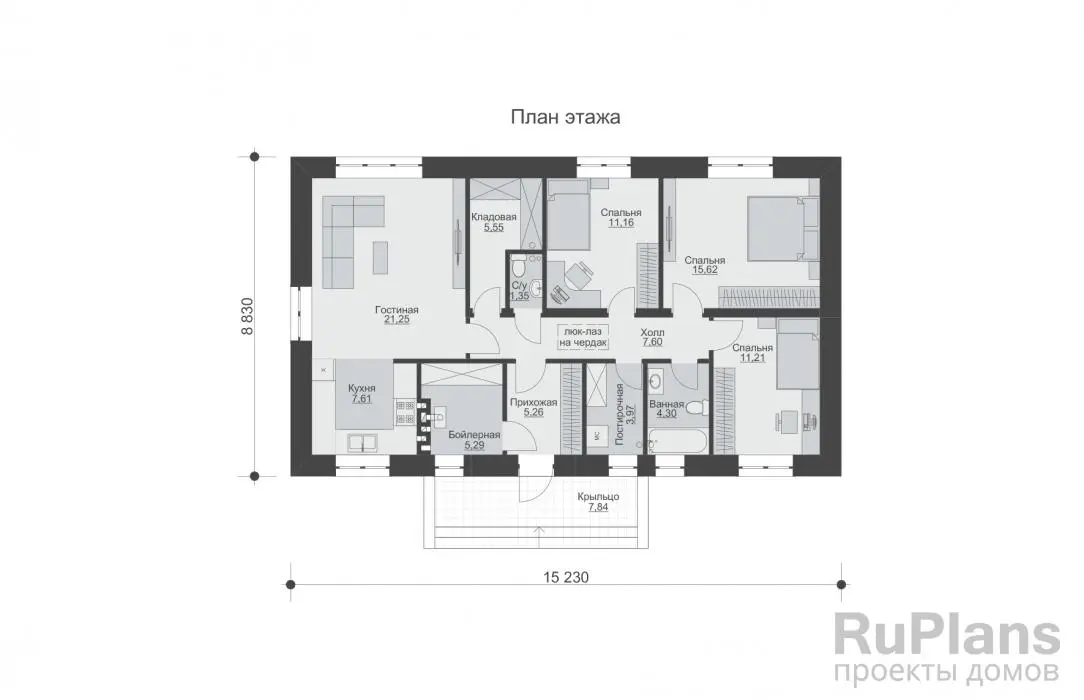 Проект одноэтажного дома 100 м², 15,2 × 8,8 м — Первый этаж