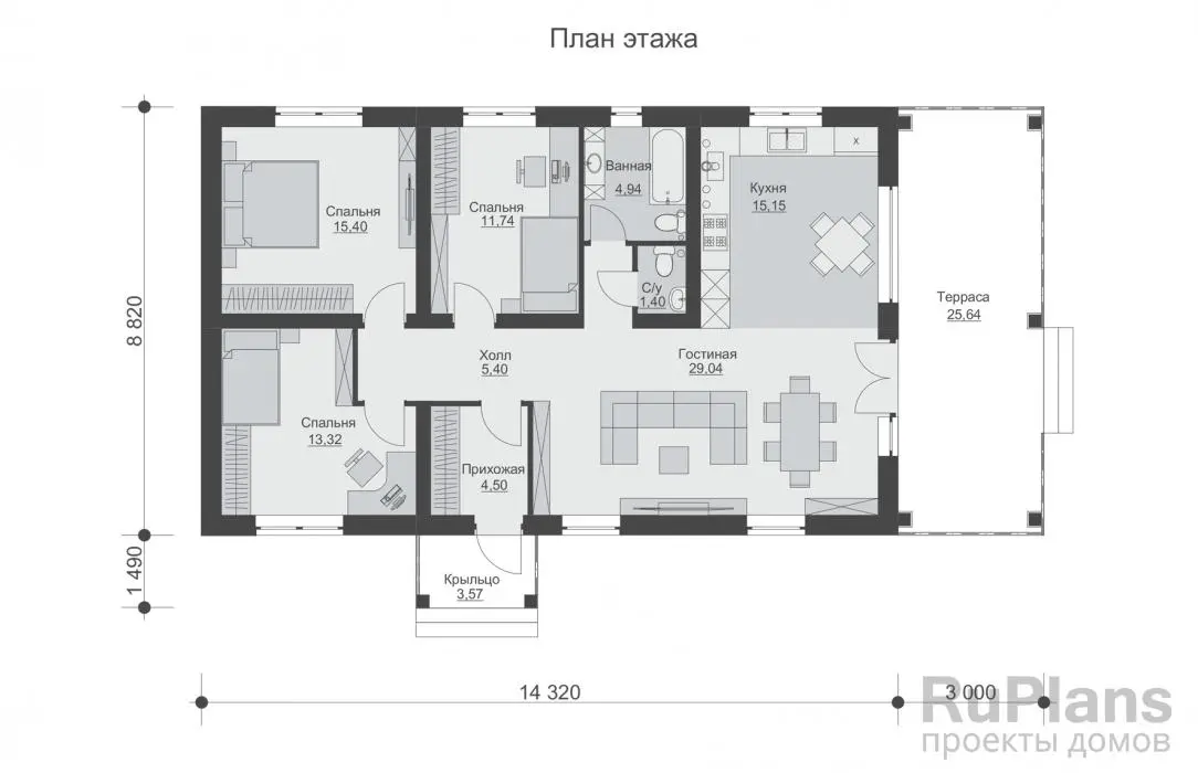 Проект одноэтажного дома 101 м², 10,3 × 17,3 м — Первый этаж