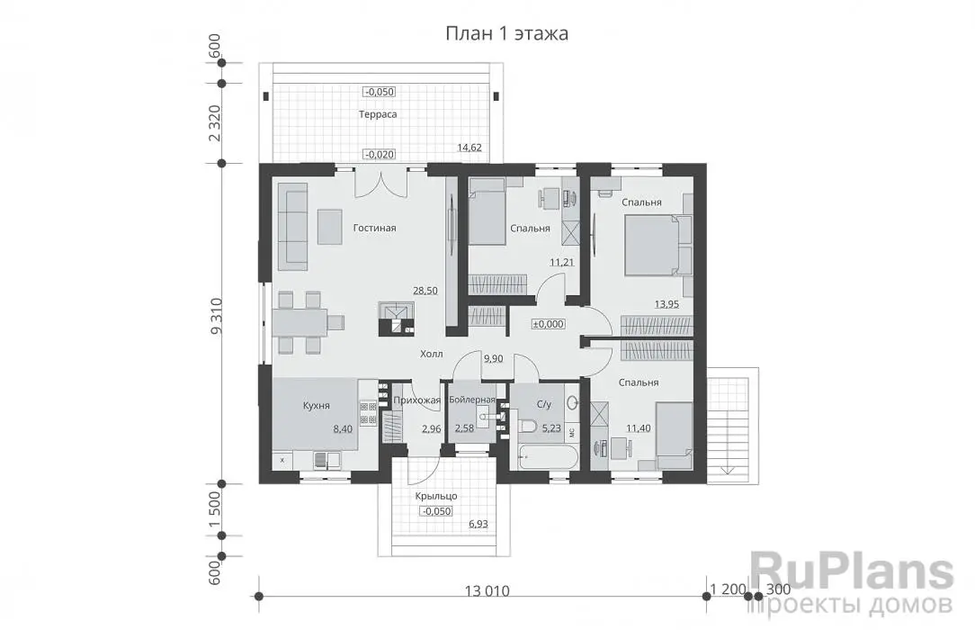 Проект одноэтажного дома 102 м², 13,1 × 14,5 м — Первый этаж