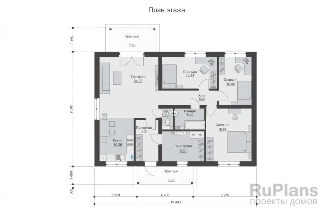 Проект одноэтажного дома 102 м², 9,5 × 13,5 м — Первый этаж